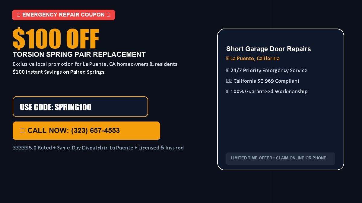 Short Garage Door Repairs $100 OFF Dual Torsion Spring Replacement in La Puente, CA